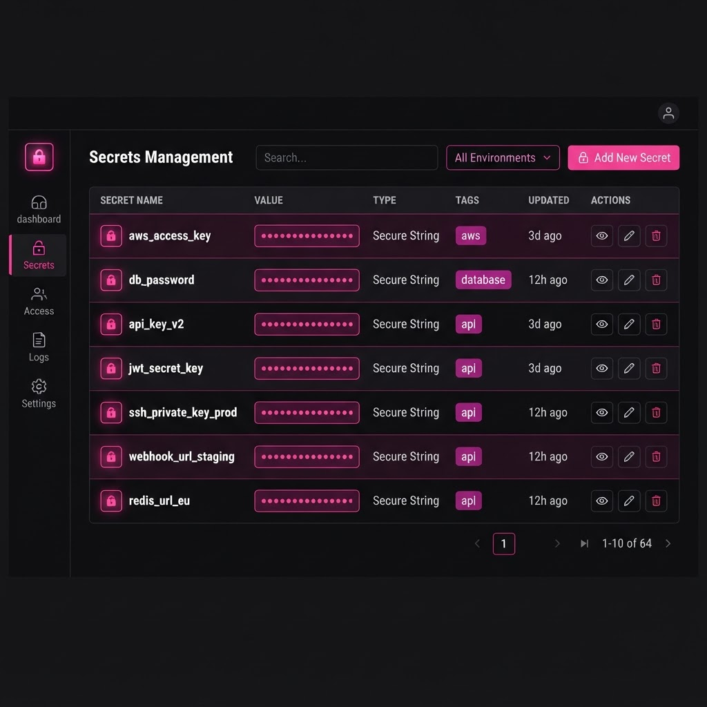 Secrets management view with pink accents