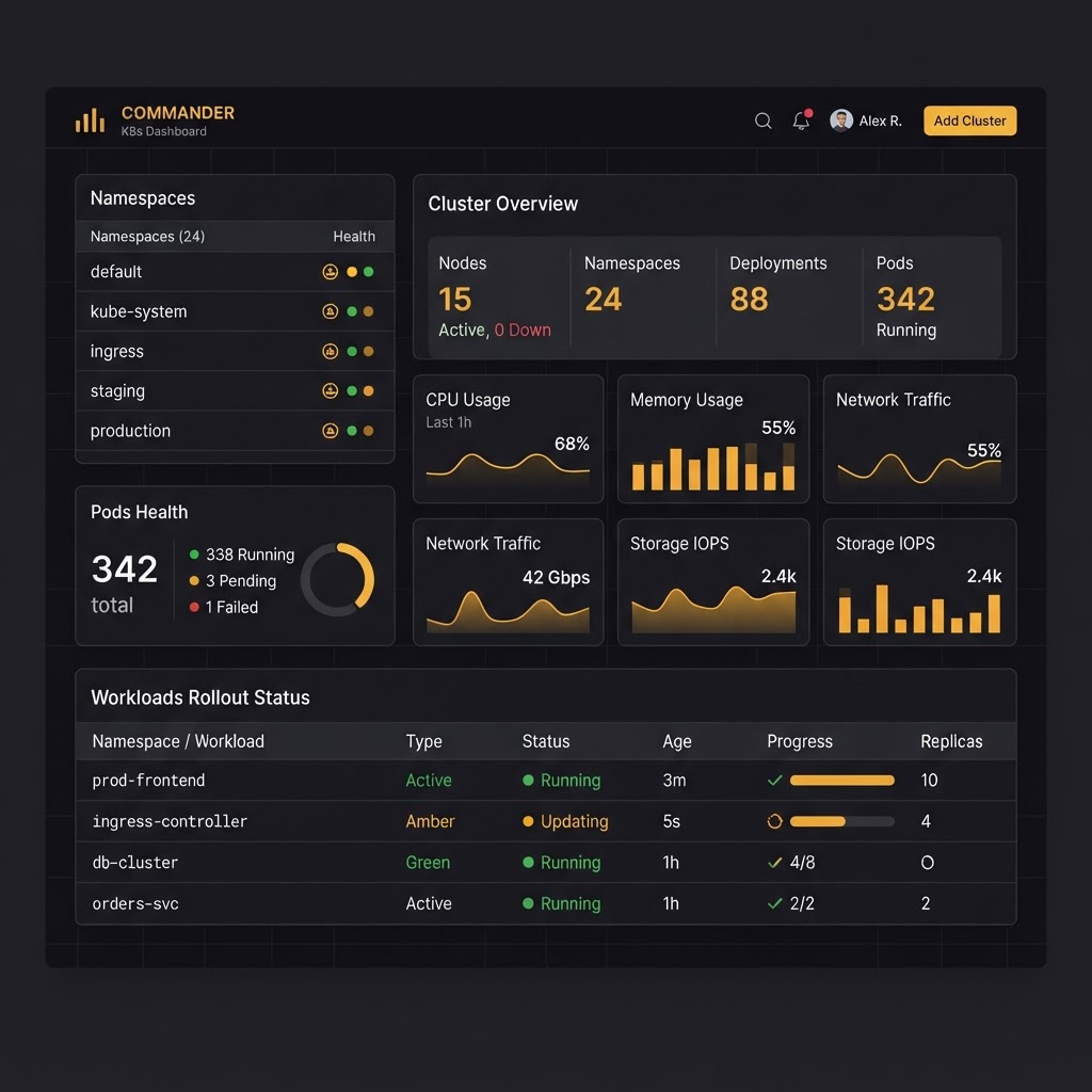 Commander Kubernetes control panel showing namespace and pod health, resource usage graphs, and workload status in the Arrcade dark amber theme.