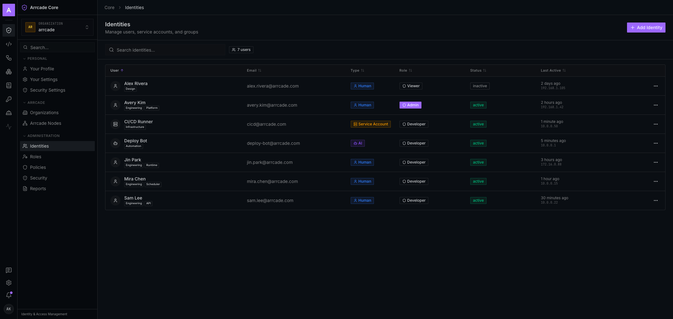 Core identity management interface showing organizations, roles, policy rules, and a security overview in the Arrcade dark red theme.