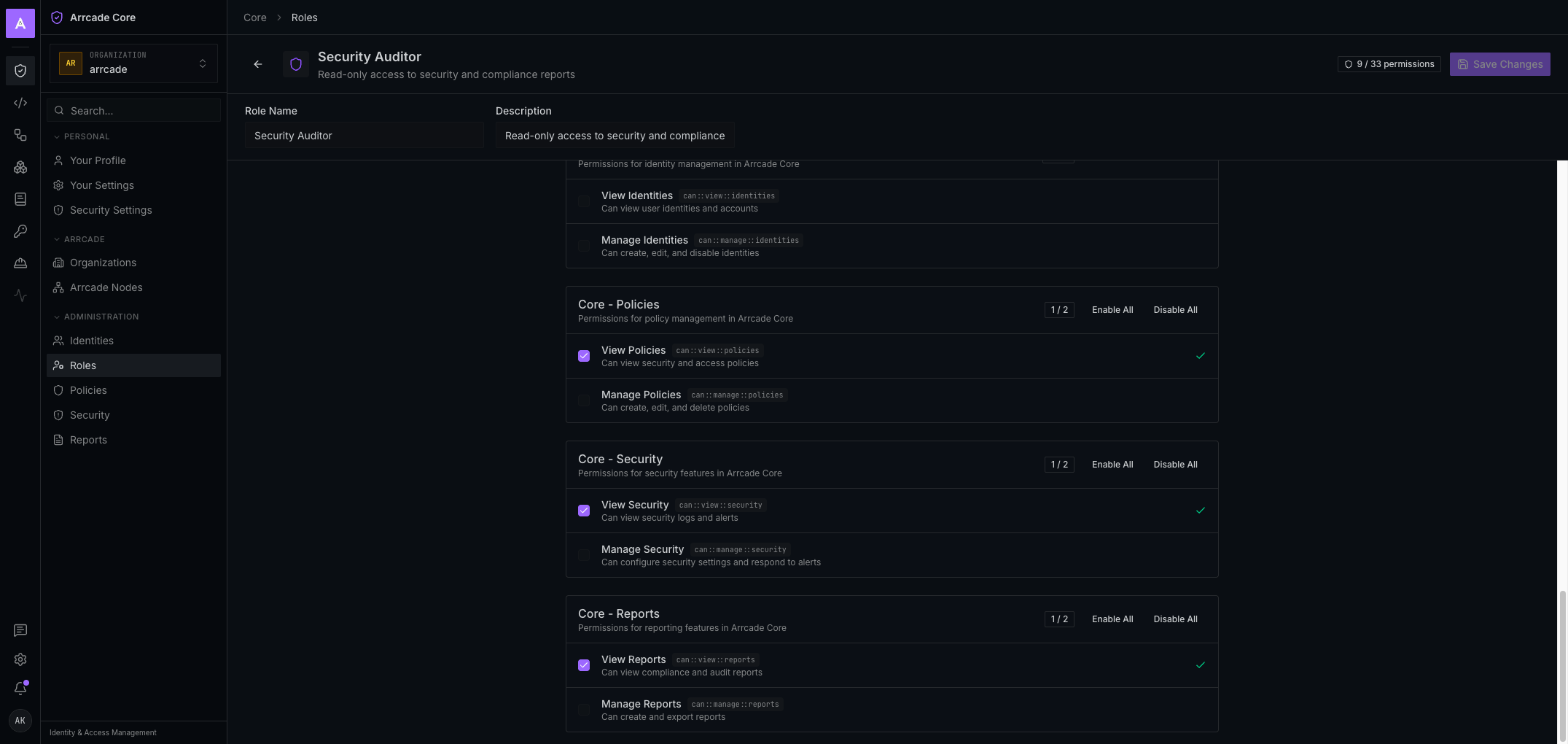 Core Security Auditor role editor showing grouped permission toggles for policies, security, and reports.