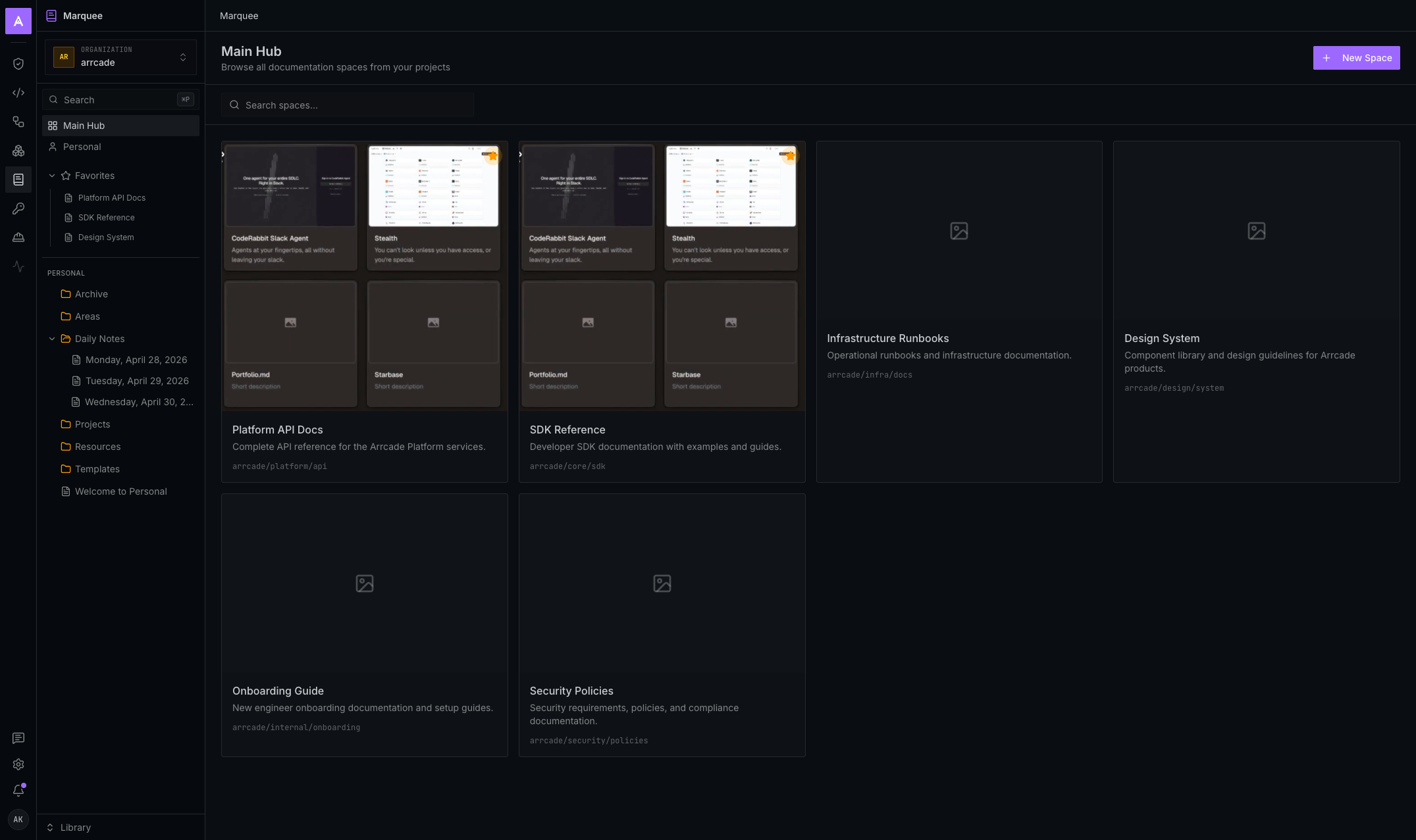 Marquee documentation interface showing a knowledge space sidebar, a rich document, and search in the Arrcade dark green theme.