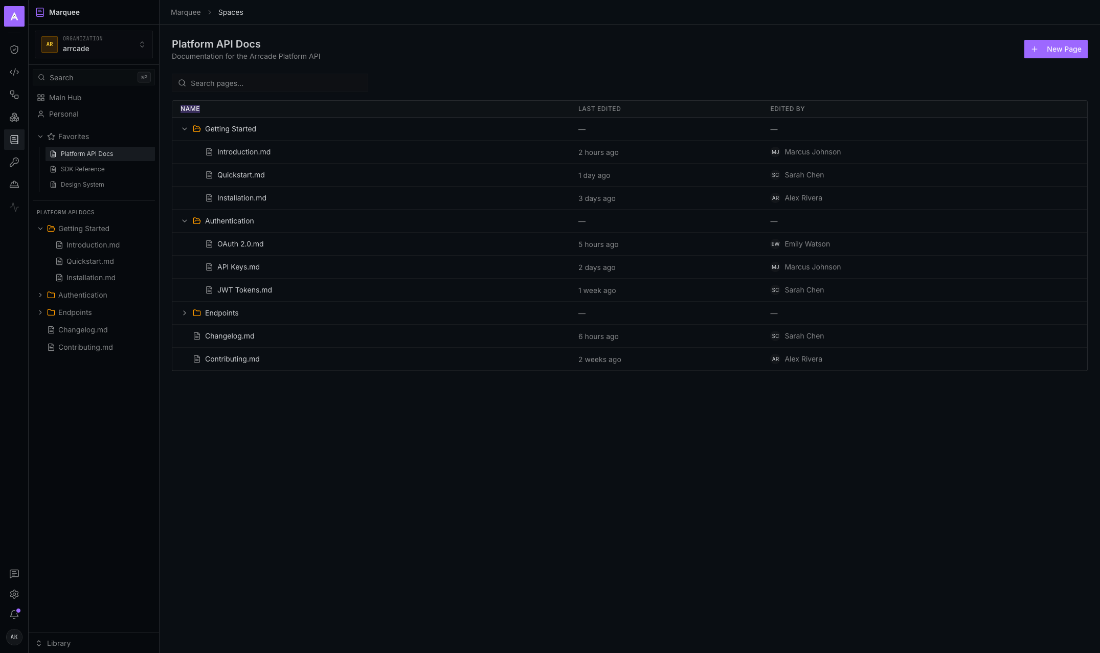 Marquee Platform API Docs page listing documents by folder with last-edited times and authors.