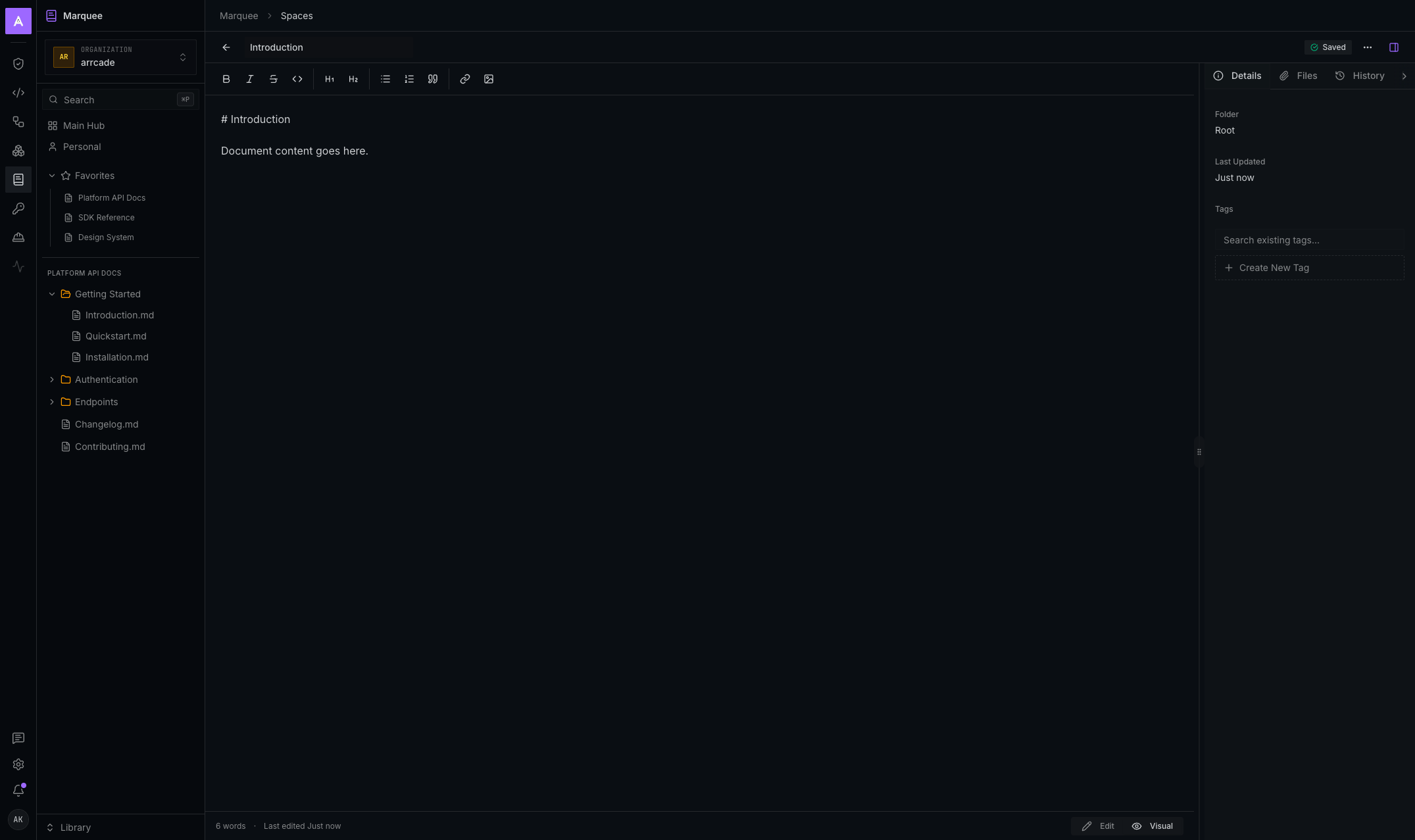 Marquee document editor showing a markdown page with a Details, Files, and History side panel.