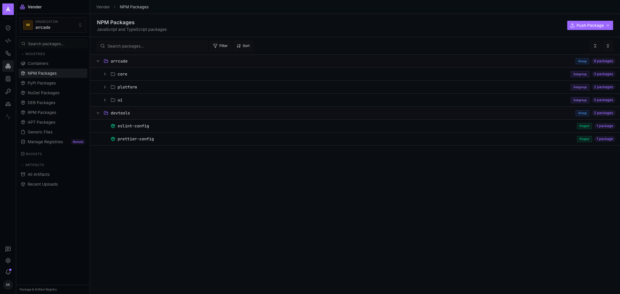 Vender package registry interface showing package listings, version tags, and pull statistics in the Arrcade dark cyan theme.