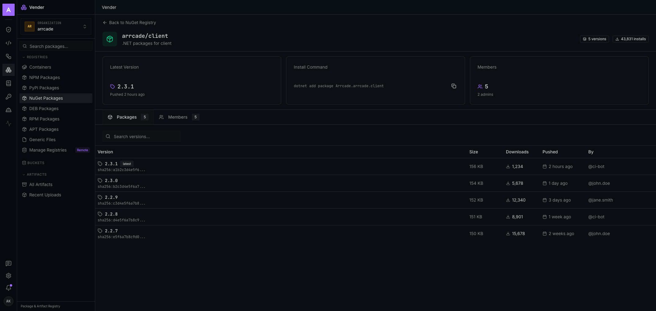 Vender NuGet package detail for arrcade/client with a table of published versions and download counts.