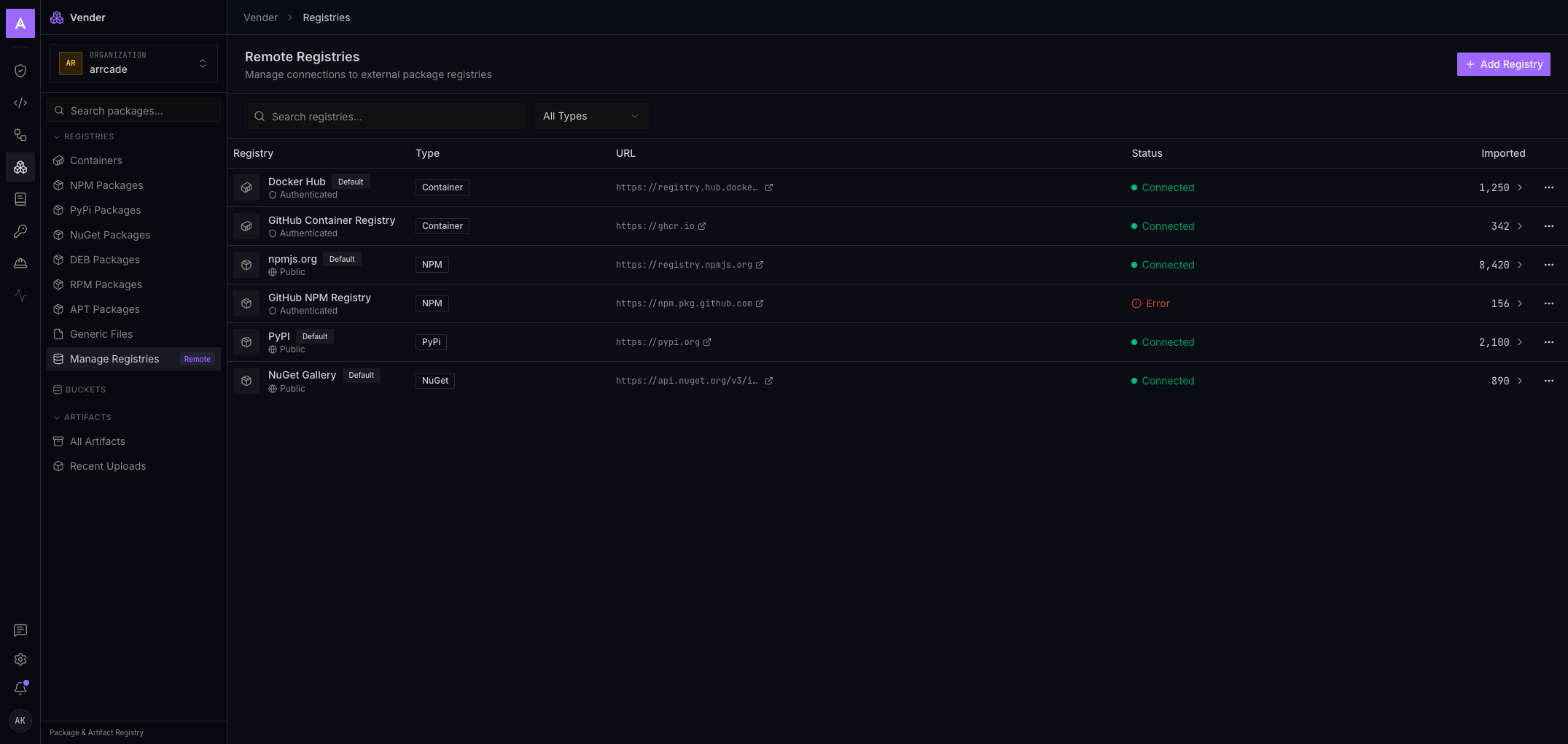 Vender Remote Registries table listing Docker Hub, GitHub, npmjs, PyPI, and NuGet with connection statuses.