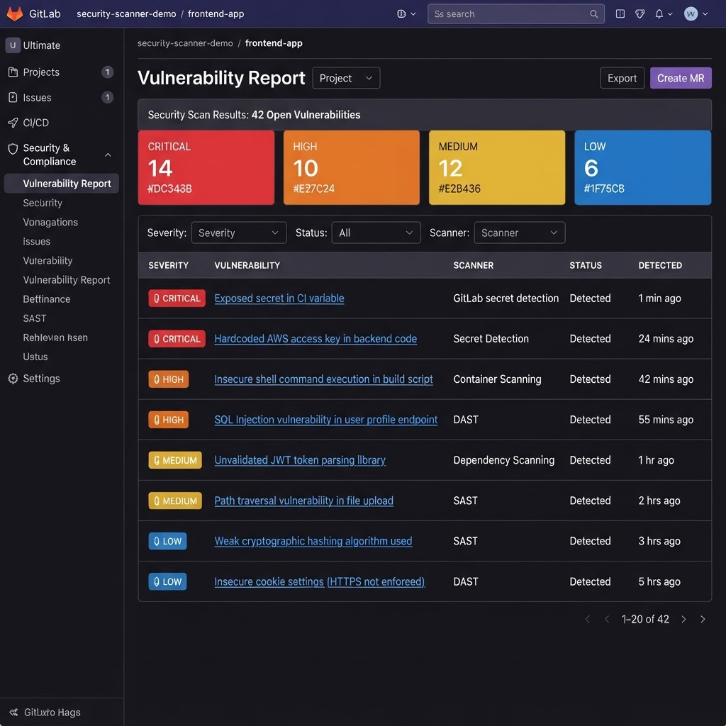 GitLab Vulnerability Dashboard listing Pipeline Attendant findings with severity badges, titles, and detected dates.