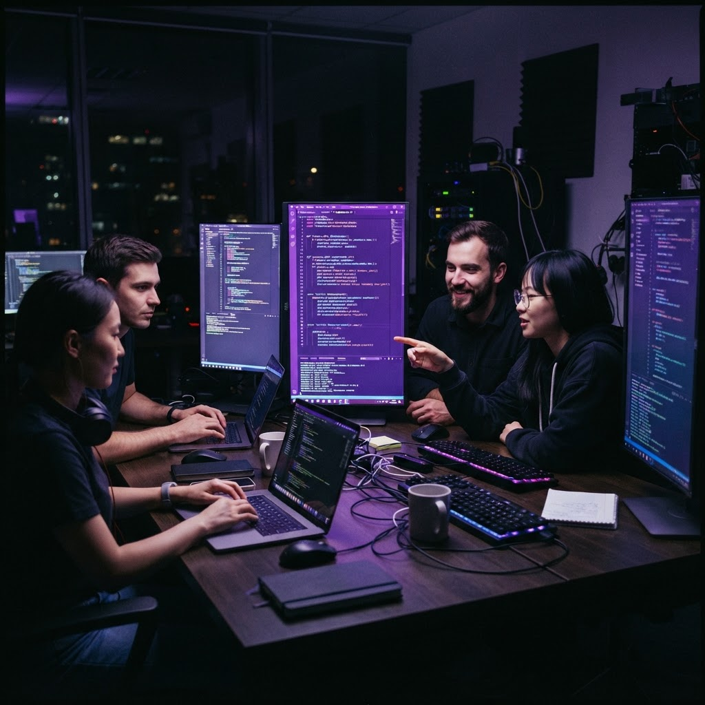 Arrcade engineers collaborating in a neon-lit workspace