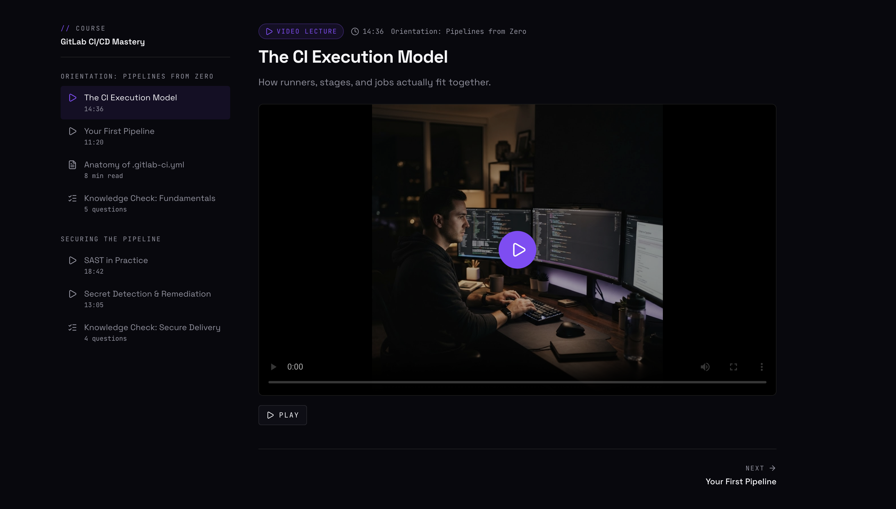 The Arrcade University lesson player showing the video lecture "The CI Execution Model" with a course sidebar of lessons grouped by category.